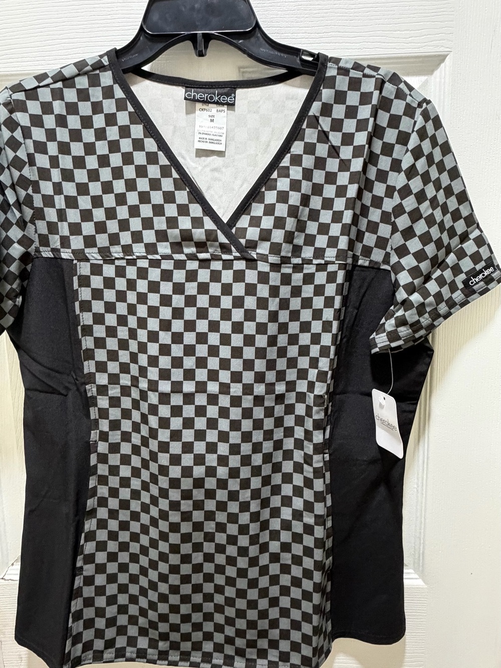 Cherokee Black and Gray Checkerboard V-Neck Scrub Top